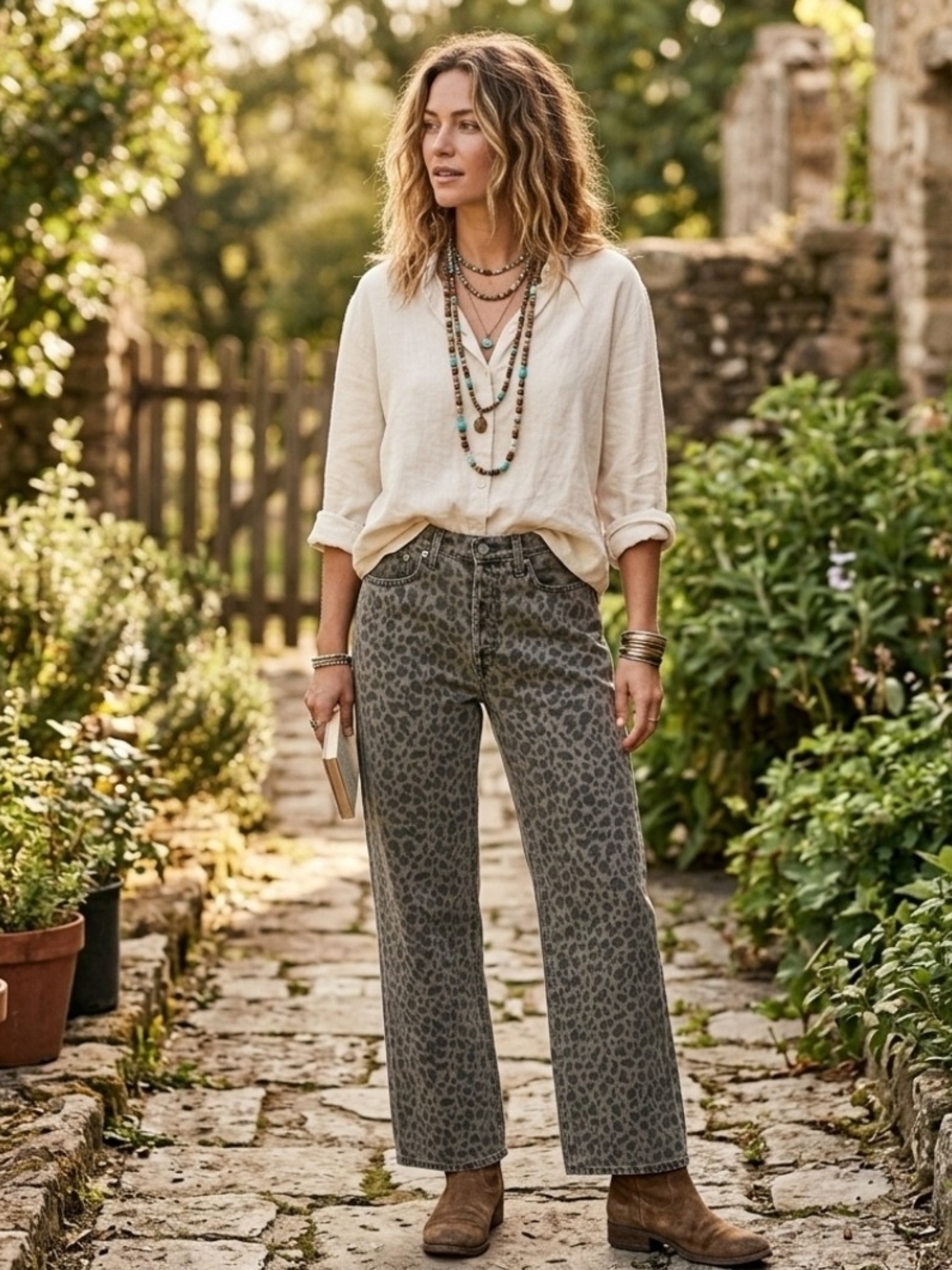 Women's Olive Leopard Barrel Jeans